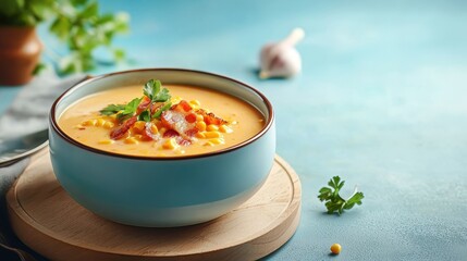 Creamy Corn Soup in a Blue Bowl Garnished with Fresh Herbs, Bacon Bits, and Colorful Vegetables on a Light Blue Background with Garlic and Greenery