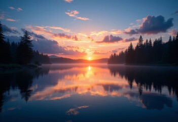 Lake Reflecting Trees and Sunset Sky