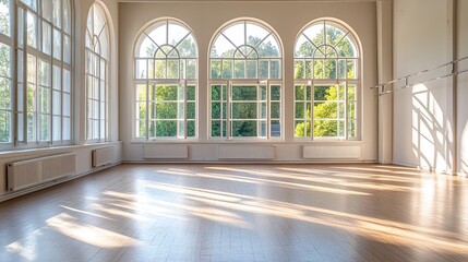 Fototapeta premium An empty dance studio with large windows and soft natural light, offering an open space for ballet training or jazz dance practice. 