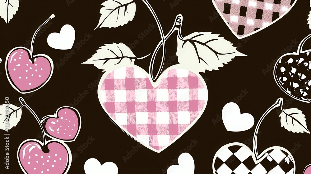 Poster charming heart and cherry pattern with gingham texture on dark background