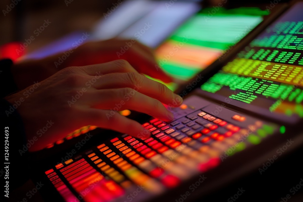 Poster hands on colorful digital control panel with data displayed