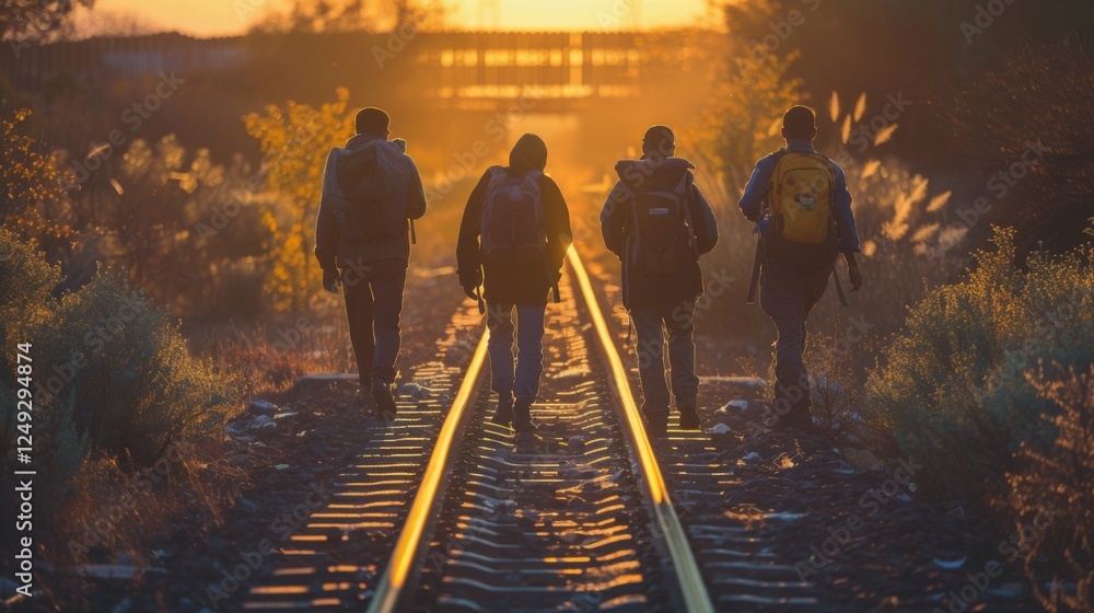 Poster four individuals stroll down railway tracks illuminated by a sunset, surrounded by lush vegetation, 