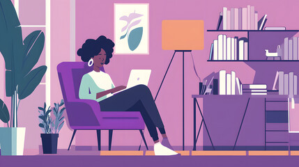 A woman is sitting in a purple chair in front of a laptop