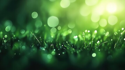Fototapeta premium Beautiful green grass with dew drops, blurred background, bokeh effect, copy space concept, banner design.