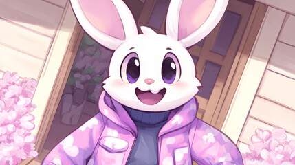 Animated Bunny Character Smiling Wearing a Pink Flowered Jacket and Gray Turtleneck Outdoors.