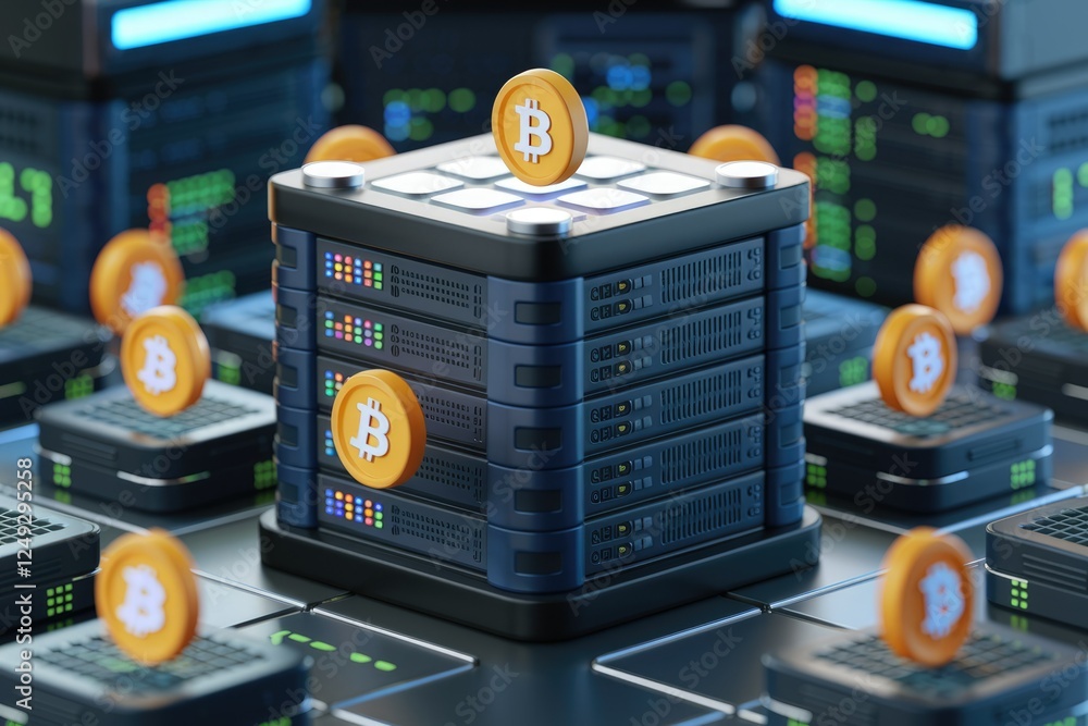 Poster Bitcoin mining servers network, digital currency blockchain technology infrastructure.