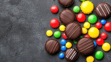 Colorful Candy and Chocolate Treats on Dark Background