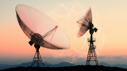 Satellite Dishes at Dawn: Two large satellite dishes stand silhouetted against a breathtaking sunrise, their metallic surfaces gleaming faintly.  A network of digital lines connects them.
