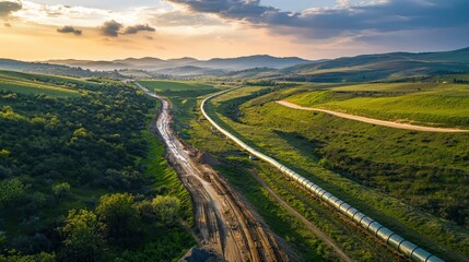 A long pipeline is seen in a grassy field with mountains in the background