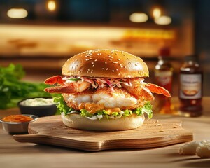 Delicious Gourmet Crab Burger on Wooden Board with Fresh Toppings and Sauces in a Cozy Restaurant Setting, Perfect for Food Lovers and Culinary Enthusiasts