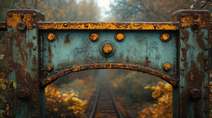 Rusty gate autumn railway tracks fog