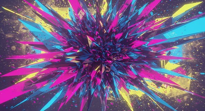 Vibrant shard explosion with pink blue and yellow accents
