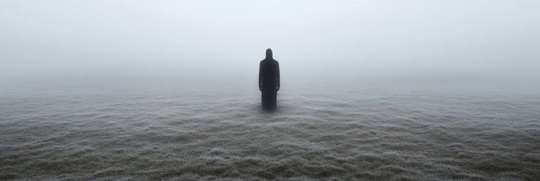 Mysterious hooded figure standing alone in heavy fog on grass-covered field with misty atmosphere