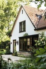 Obraz premium Charming countryside house surrounded by lush greenery and blooming flowers in afternoon sunlight, offering serene and picturesque views from every angle