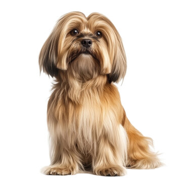 Adorable Lhasa Apso Dog Sitting Against White Background