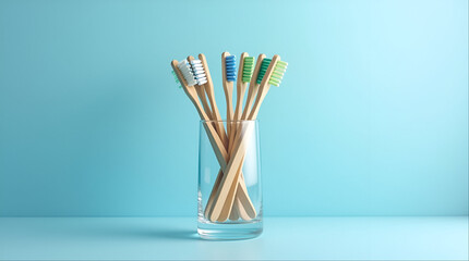 a highly detailed, ultra-high-resolution illustration of a beautifully arranged set of vibrant, eco-friendly bamboo toothbrushes standing upright in a sleek, transparent glass container, 