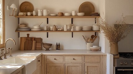 Minimalist kitchen with open shelving, wooden cabinets, and natural elements.