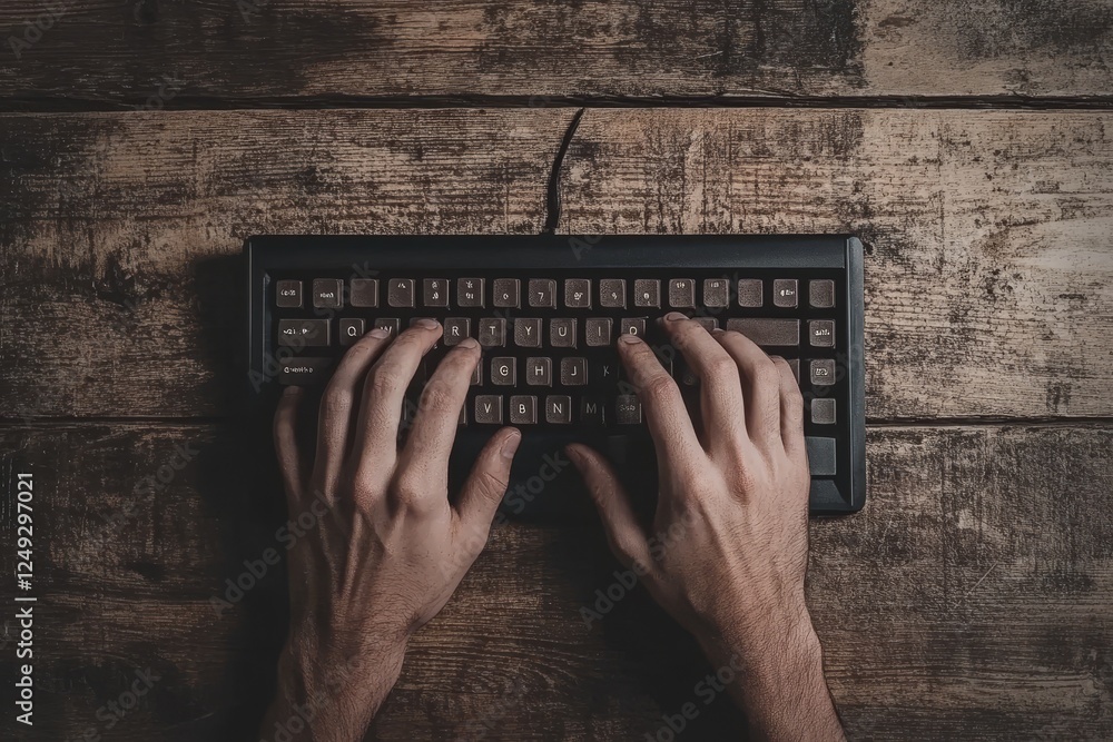 Poster hands typing on keyboard over rustic wooden table surface