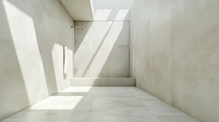 Obraz premium A bathroom with a shower and a bench