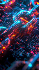 Luminous abstract blockchain system with digital circuits in a cyberpunk style