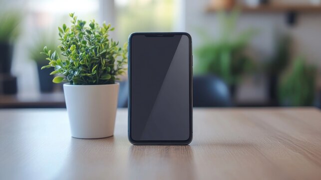 Smartphone mockup, cafe background, blank screen, plant