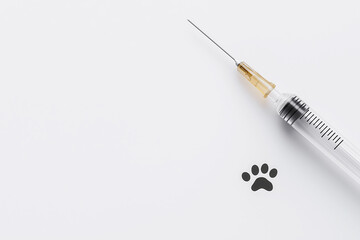 Vaccine syringe with paw print icon on plain white surface, space for text. Pet care, vaccination and veterinary concept
