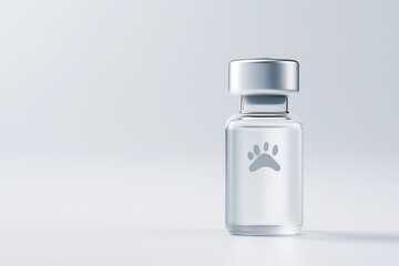 Vaccine vial with paw print icon, neutral background, space for text. World Rabies Day. Domestic animals vaccination