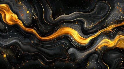 Abstract swirling patterns of gold and black with specks of light creating a dynamic visual effect