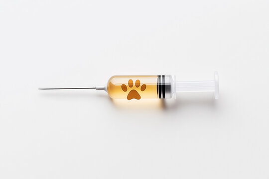 Vaccine syringe with paw print icon on neutral background. World Rabies Day. Domestic animals vaccination
