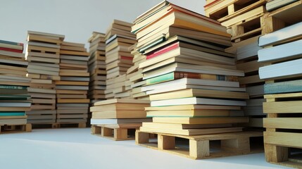 Obraz premium Stacked books on wooden pallets in a bright, minimalistic space with soft shadows