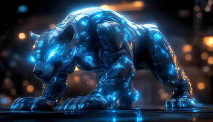 Cybernetic bear prowls futuristic city at night. For tech, animal research, gaming assets, and science fiction marketing material