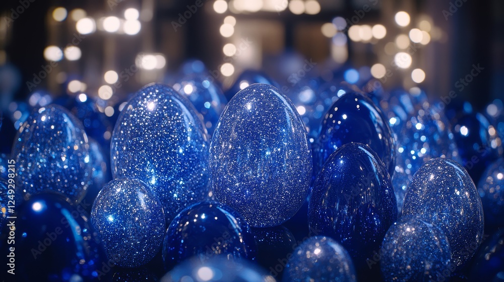 Poster array of glittering blue egg shaped objects with a bokeh background for holidays.