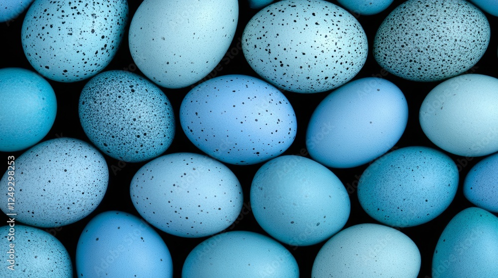 Poster array of light blue eggs with spots on a black background displayed in a close up perspective.