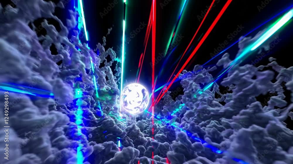 Poster vibrant light show with colorful beams illuminating abstract cloud patterns in a dynamic display