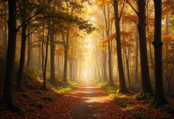 Fototapeta premium Pathway through Trees in Golden Autumn Forest