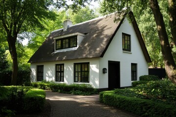 Charming white house with thatched roof surrounded by lush greenery in a serene residential neighborhood during sunny daylight