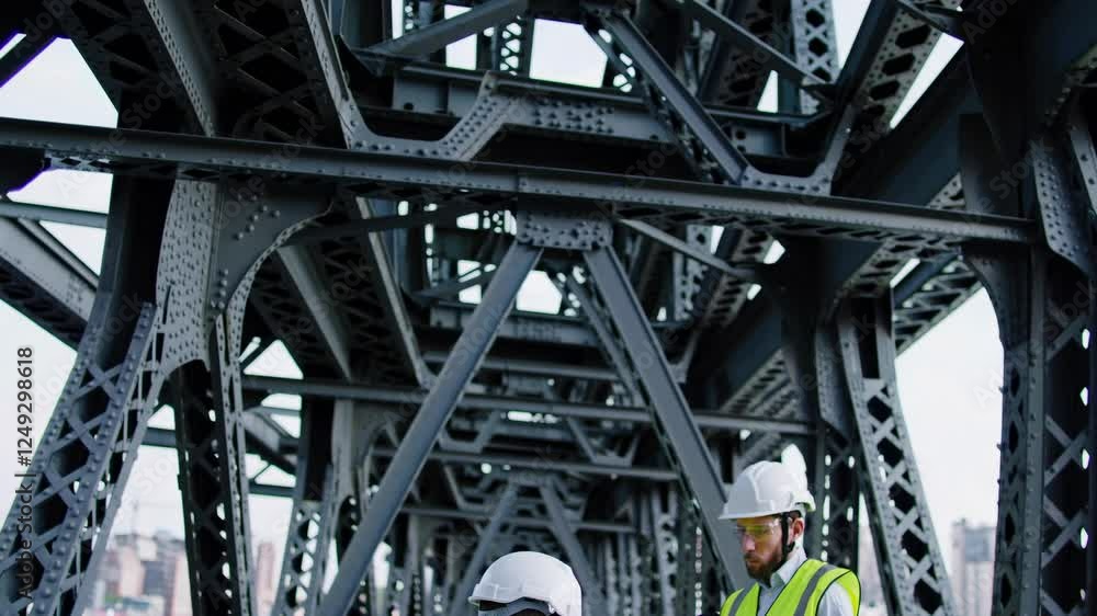 Poster engineers assess structural integrity while inspecting a bridge in an urban area during the daylight