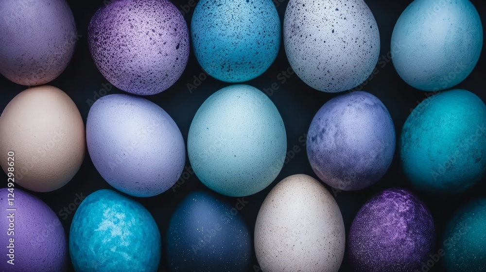 Poster array of pastel colored speckled eggs decorative easter display laid flat in horizontal rows.