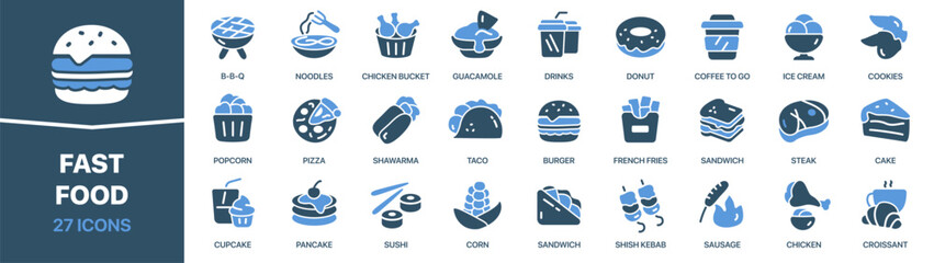 Fast food colored signed icon collection. Burger, sandwich, steak, cake, chicken icons. UI icon set. Colored icons pack. Vector illustration