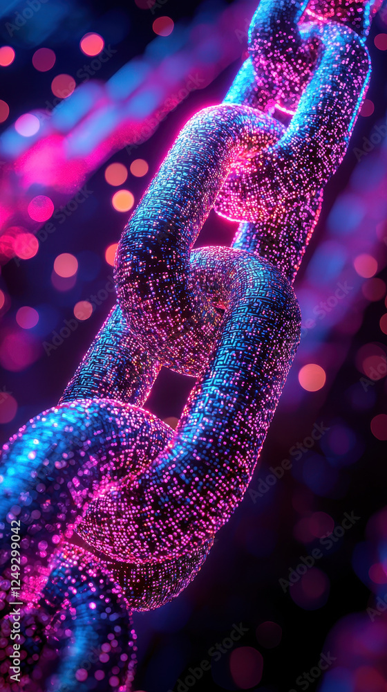 Poster exploration of interconnected blockchain cryptography in vibrant neon colors