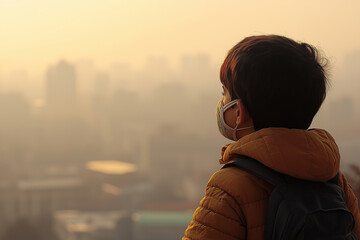 Fototapeta premium A Child Wearing an Anti-Pollution Mask Looking Up at the Smog-Filled Sky – A moving and emotional portrait symbolizing concerns about future generations.