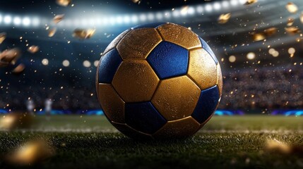 Fototapeta premium A close-up of a blue and gold soccer ball on a field, with a stadium crowd and lights in the background