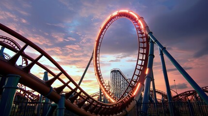 Roller coaster looping against a vibrant sunset sky, with amusement park rides in background