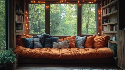 Fototapeta premium Reading nook with fairy lights and cozy blankets