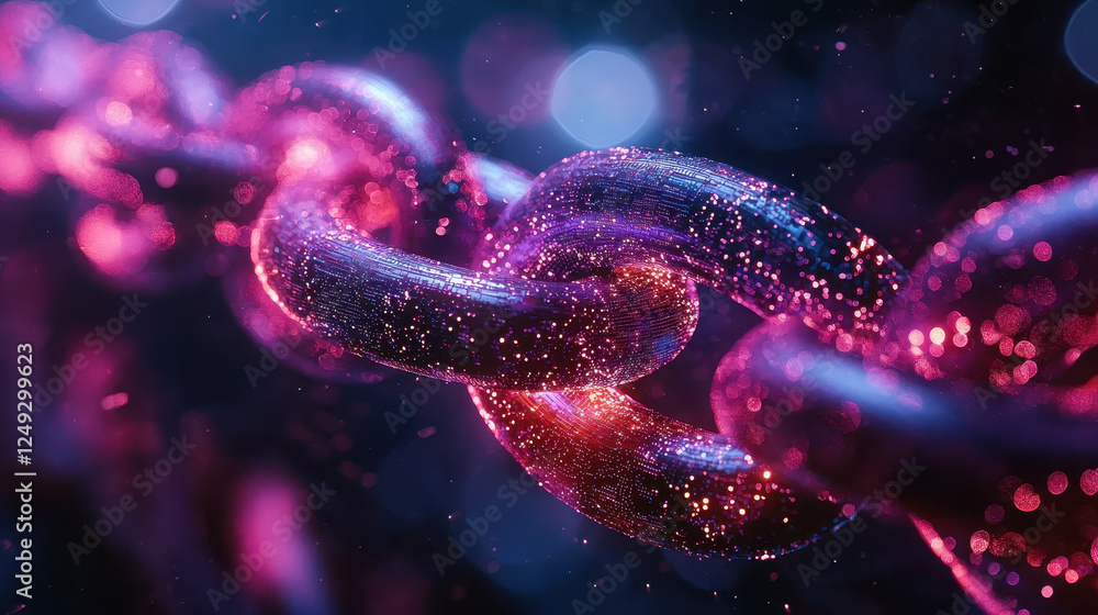Poster intricately connected holographic nodes highlight the blockchain concept in vibrant neon detail