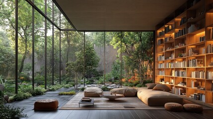 Fototapeta premium Relaxing space with floor-to-ceiling bookshelves