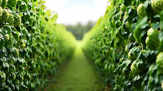 A lush green hop field with rows of hop plants on either side, and young hop cones visible among the leaves.