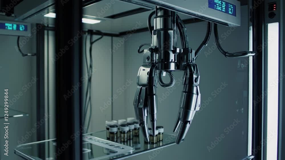Poster innovative robotic arm demonstrates precision in automated lab tasks for efficient research and deve