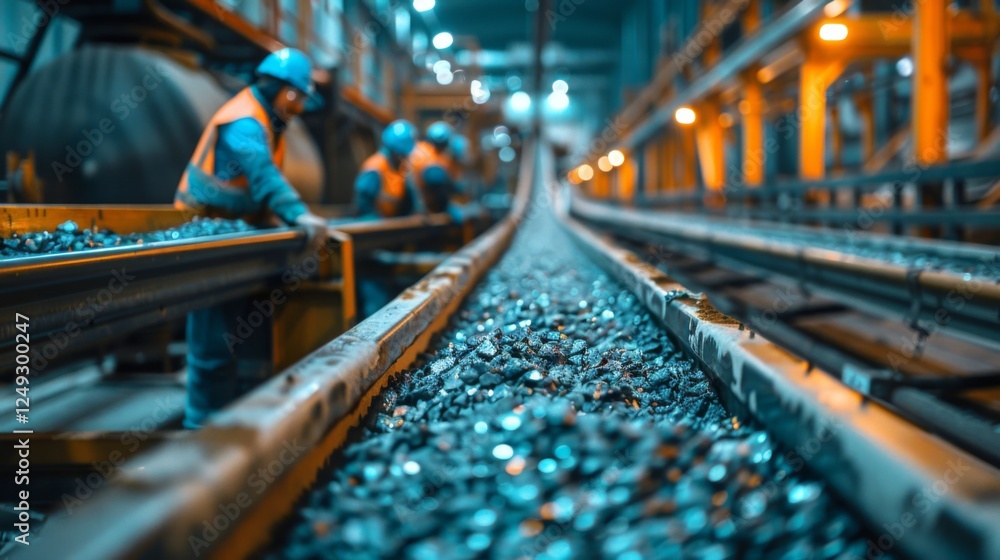 Poster skilled workers are actively sorting metallic materials on a bright conveyor belt in a bustling indu