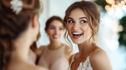 happy bride getting ready with bridesmaids